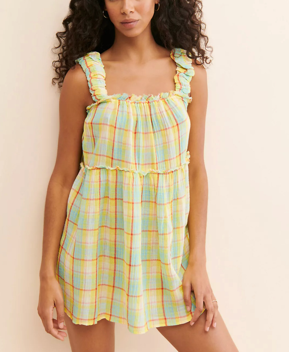 by Anthropologie Plaid Ruffle Gauze Cotton Tiered Dress Size M Bright Eclectic